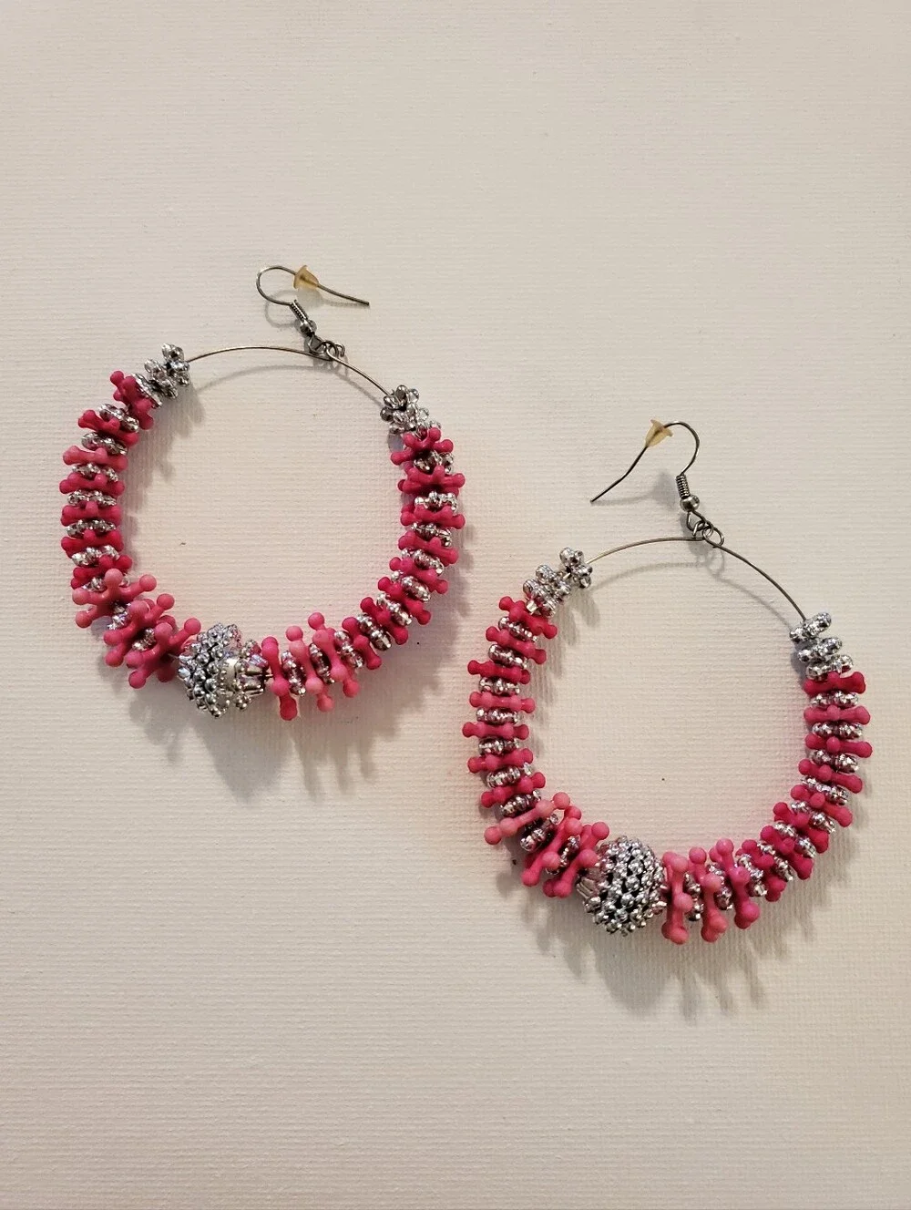 Pink Beaded Hoop Earrings with Silver Accents -‎ Women Jewelry